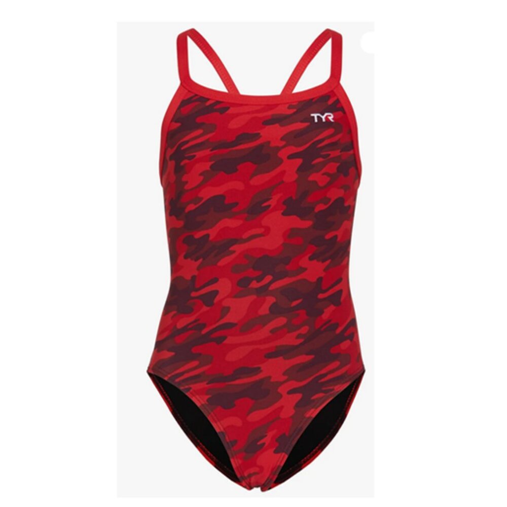 TYR Girls' Camo Diamondfit One Piece Swimsuit Red Camo 26